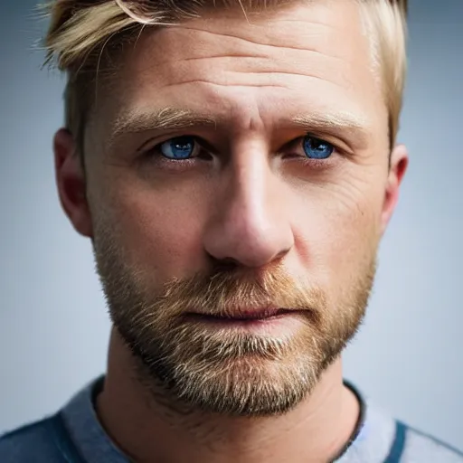 Image similar to close up of face of good looking 4 0 year old anglo slavic blond man with blond stubble, very short wavy blond hair in a short pompadour style, very dark blue eyes, portrait, 4 k