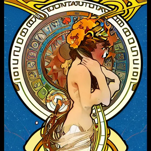 Prompt: beautiful solar system in the style of alphonse mucha, art nouveau, 4 k, hd - s 1 5 0