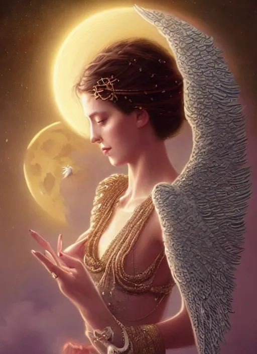 Image similar to A beautiful digital painting of a female angel full of jewels, princess, the moon behind her, intricate, cinematic lighting, highly detailed, digital painting, Artstation, concept art, smooth, sharp focus, illustration, art by Tom Bagshaw, Artgerm and Greg Rutkowski