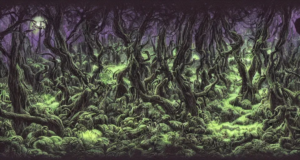 Image similar to A dense and dark enchanted forest with a swamp, by Akira Toriyama