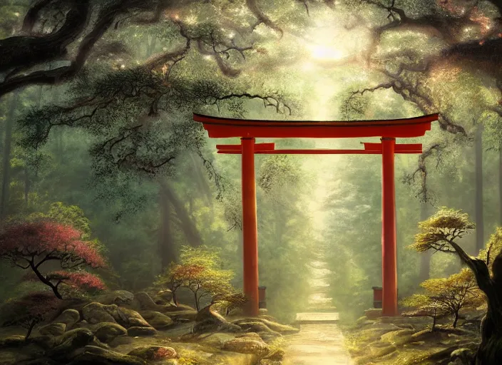 Prompt: A beautiful painting of a torii gate in a forest leading to a huge Japanese styled temple made of glass overgrown with trees and crystals and a light shining from the trees casting a soft shadow on the landscape | Asher Brown Durand | trending on Artstation