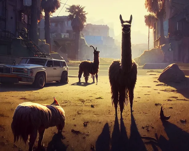 Prompt: Highly detailed portrait of a llama mob boss, in GTA V, Stephen Bliss, unreal engine, fantasy art by Greg Rutkowski, Loish, Rhads, ferdinand knab, Makoto Shinkai and Lois van baarle, ilya kuvshinov, rossdraws, Tom Bagshaw, global illumination, radiant light, detailed and intricate environment