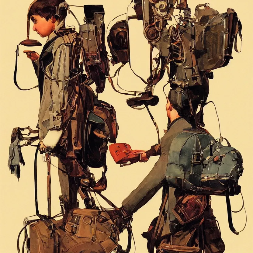 Prompt: a boy with a steampunk retrofuturistic backpack by syd mead and norman rockwell. highly detailed digital art. retrofuturism. steampunk. beautiful lighting. trending on artstation.