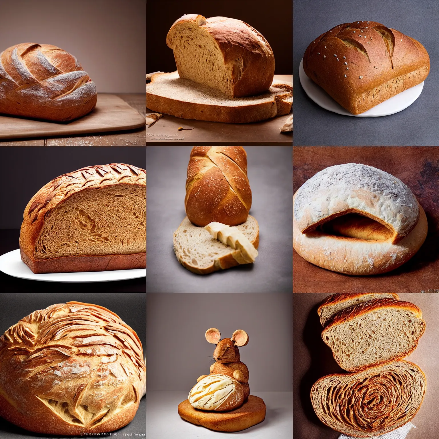 Prompt: bread sculpture of a rat!!!!!!!!!!, food photography, studio lighting, delicious