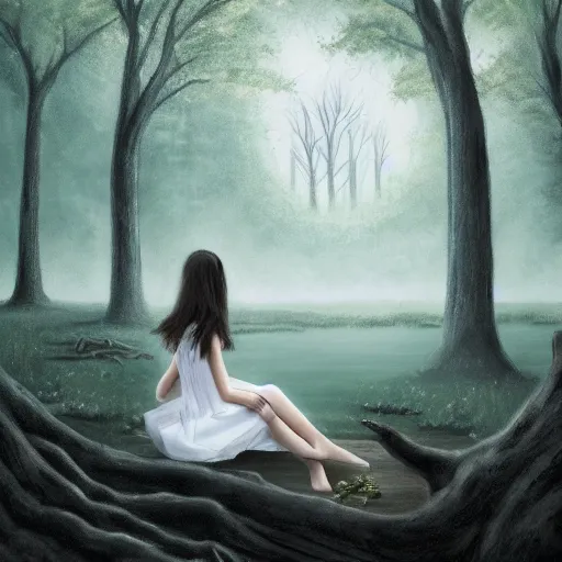 Prompt: a painting of a girl in a white dress sitting on the roots of an ancient tree next to a pond, surrounded by a towering dark forest, the moon can be glimpsed through the trees and is veiled by fog, fog obscures the background, midnight, dark fantasy, fantasy forest, spooky forest, highly realistic