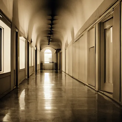 Image similar to noisy color photograph of a liminal space, wide hallways with high ceilings, minimalist, oddly familiar, cinematic, dramatic lighting, soft vintage glow