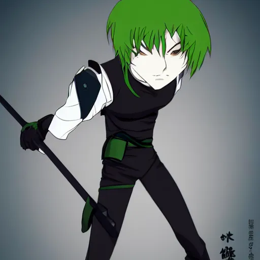 Image similar to male fencer, anime style, green hair, dark, animated, animation, detailed, illustration, moody