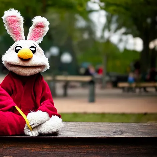 Image similar to an extremely fluffy muppet with rabbit ears and wearing a dark ninja robe with a red belt and practicing her meditation in nature on a park bench, photorealistic, photography, ambient occlusion, rtx, national geographic, sesame street