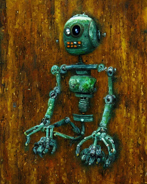 Image similar to detailed oil painting of a decayed, rusty, humanoid robot, covered in moss