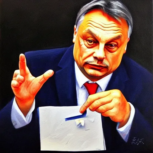 Image similar to viktor orban asking for money, oil painting