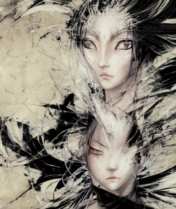 Image similar to Yoshitaka Amano realistic illustration of an anime girl with white hair and cracks on her face wearing dress suit with tie fluttering in the wind, abstract black and white patterns on the background, noisy film grain effect, highly detailed, Renaissance oil painting, weird portrait angle