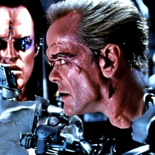 Image similar to Jack Nicholson plays Terminator, scene where his endoskeleton gets exposed, film scene 1990 cinematography