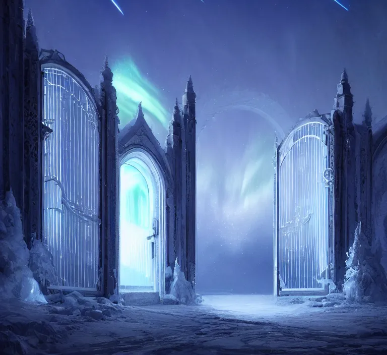 Image similar to a very detailed concept art of intricate and well designed white gates to aurora borealis infused with magic by greg rutkowski, dynamic lighting trending on artstation, symmetry, digital art, 4 k, hyper realistic, octane render, sharp focus