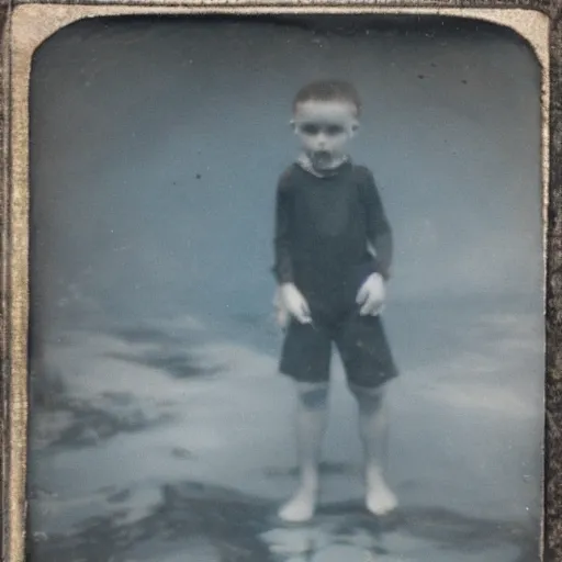 Image similar to tintype photo, swimming deep underwater, kid with huge Bigfoot