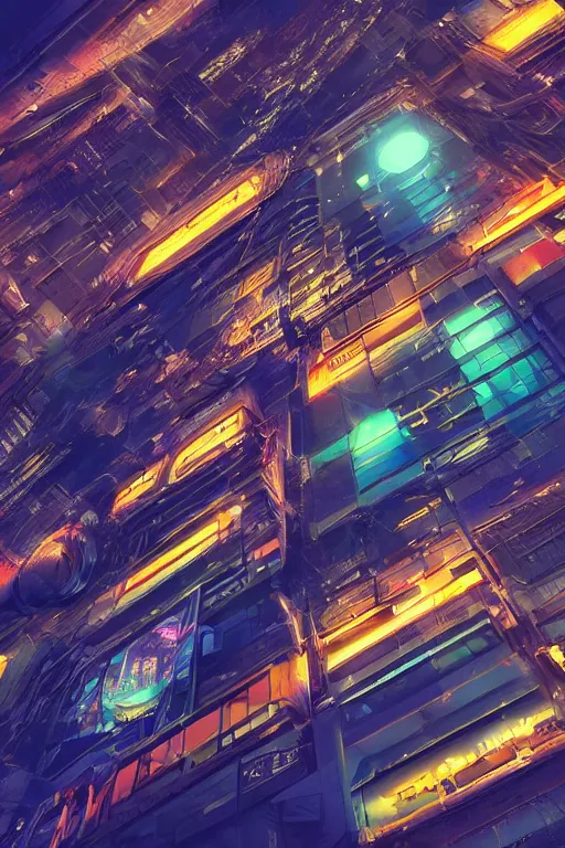 Image similar to cyberpunk buildings with a flight vehicle glowing in the sky, neon sign, bottom view, wide shot, bladerunner, pixiv