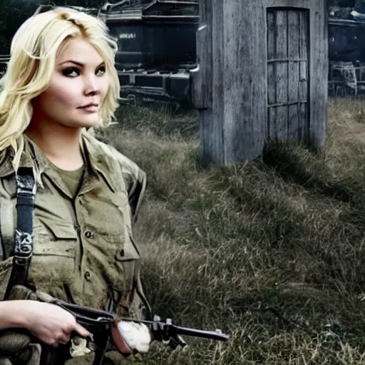 Image similar to elisha cuthbert as a soldier in a dystopian future battleground