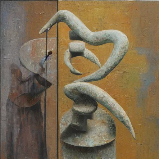 Image similar to a detailed, impasto painting by shaun tan and louise bourgeois of an abstract forgotten sculpture by ivan seal and the caretaker