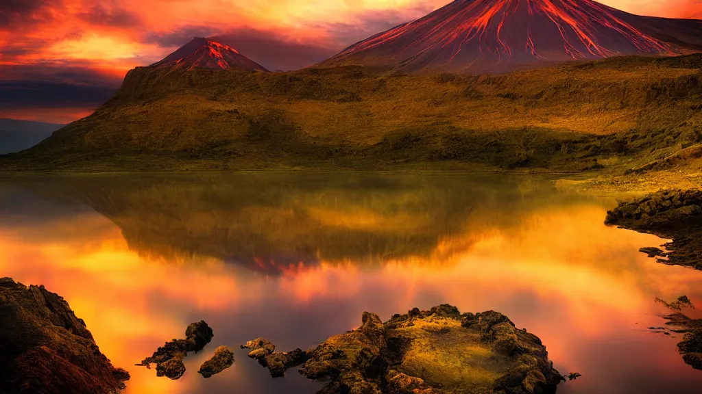 Prompt: amazing landscape photo of a volcano with lake in sunset by marc adamus, beautiful dramatic lighting