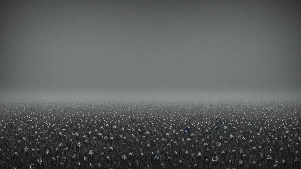 Image similar to a field of skulls, dark, night, foggy, scary, eerie, digital art.