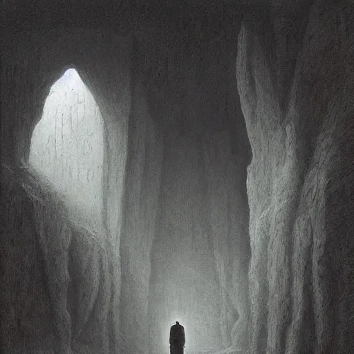 Prompt: an explorer standing in an ancient city!! inside a cave, by Beksinski and Lauire Lipton