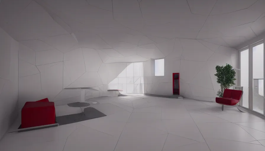 Prompt: interior photo of a ceramic tile futuristic house, octane render, minimalism, white and red colour palette, dramatic lighting