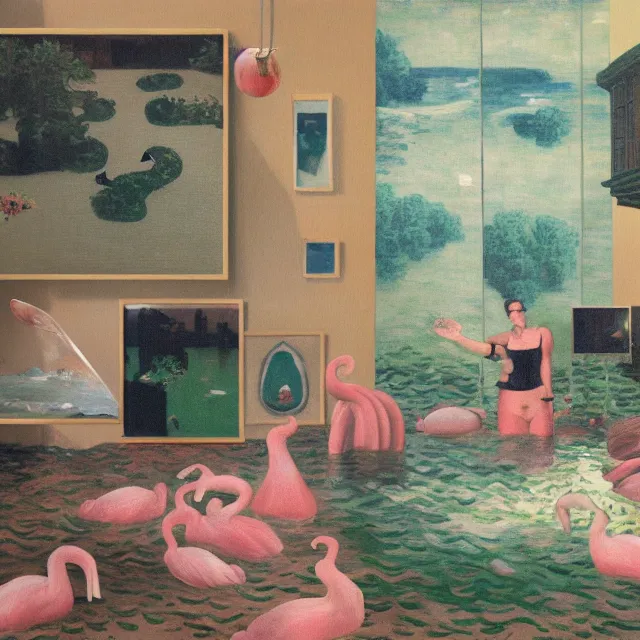 Prompt: painting of flood waters inside an apartment, sensual female emo art student, a river flooding indoors, pomegranates, pigs, ikebana, water, octopus, river, rapids, waterfall, black swans, canoe, berries, acrylic on canvas, surrealist, by magritte and monet