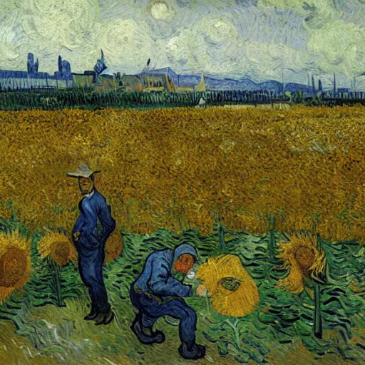 Prompt: An oil painting of Van Gogh is working on a painting in a sunflower field, by Van Gogh