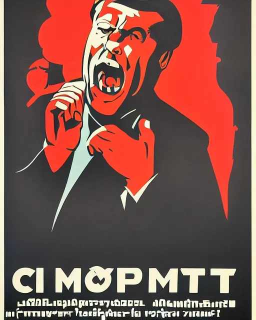 Image similar to soviet propaganda poster of an angry communist developer yelling at his computer