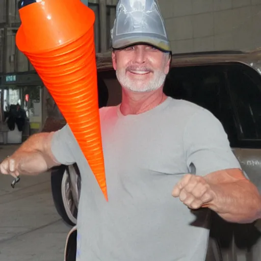 Image similar to ripped physique winged man Norm MacDonald disguised as a mothra whilst wearing a traffic cone hat bilquis evely