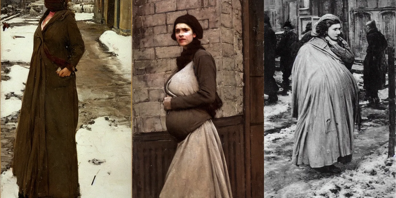 Prompt: full-length portrait of a pregnant woman on the street of besieged Leningrad, historically reliable photo chronicle, winter 1941, by john william waterhouse, oil on canvas, cinematic, hyper realism, dramatic lighting, high detail 4k