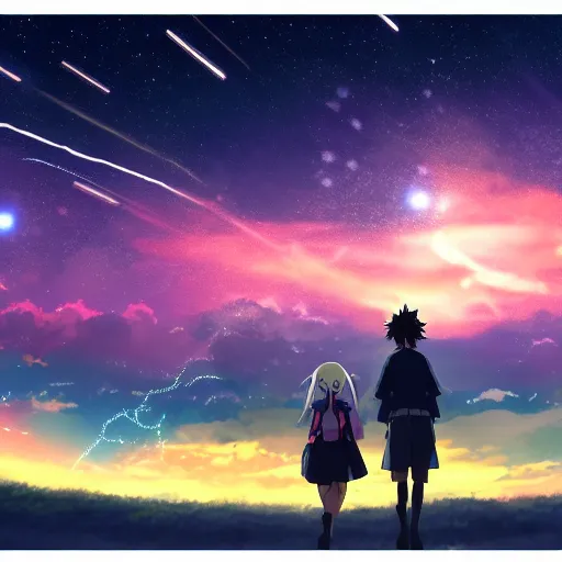 Image similar to a dark night sky with stars, in the style of the anime movie your name, 4 k,