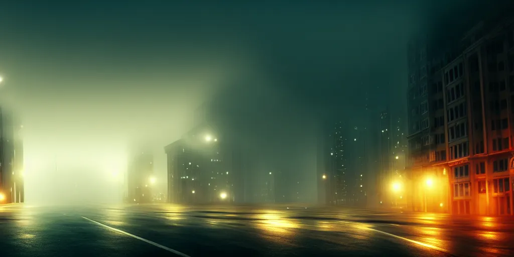 Image similar to some cars driving on deserted city street, fog, rain, volumetric lighting, beautiful, golden hour, sharp focus, ultra detailed, cgsociety