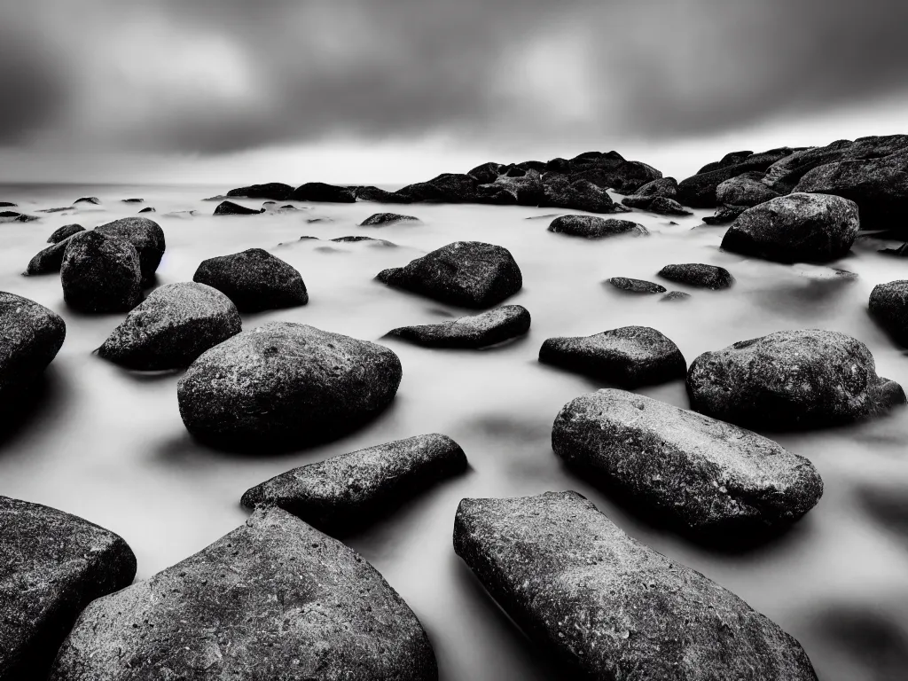 Prompt: a black and white wide-angle long exposure photograph of large rocks in water and cloudy sky, fine art photography