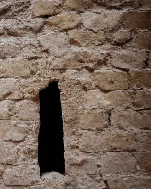 Prompt: a huge crack in an old building's plaster wall revealing bricks beneath in the shape of jesus's face, photoreal