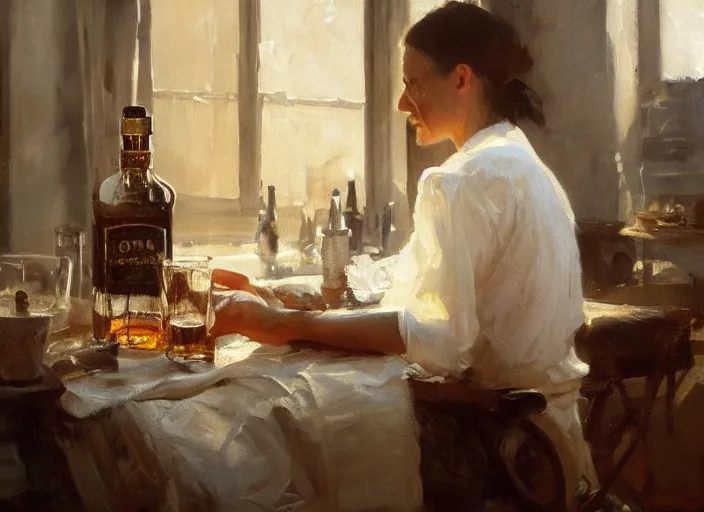 Image similar to oil painting of whiskey bottle, barley grain, art by anders zorn, wonderful masterpiece by greg rutkowski, beautiful cinematic light, american romanticism by greg manchess, creation by tyler edlin, folds of fabric, tablecloth, curtains