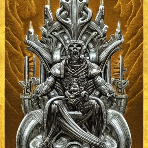 Image similar to pencil illustration. the god emperor on his golden throne. 4 0 k. body horror. in the style of giger.