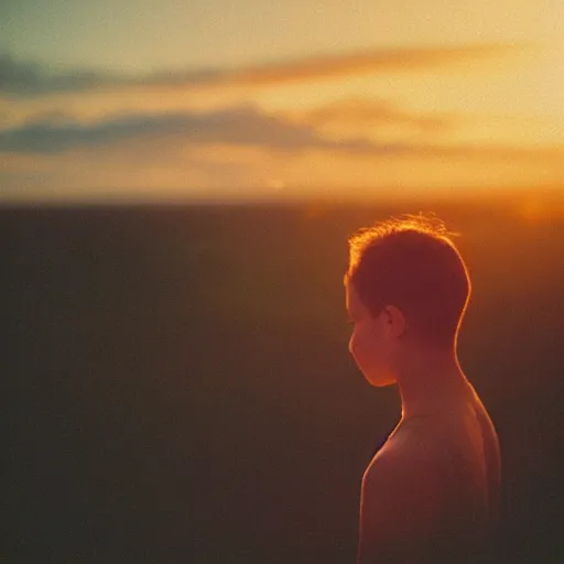 Image similar to instant photograph of a young person looking to the horizon, polaroid, raw, beautiful, nostalgic, light leak, sunset, clouds, city