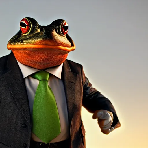 Prompt: toad in a suit, photo, octane render, cinematic lighting, dynamic, high detail, artstation