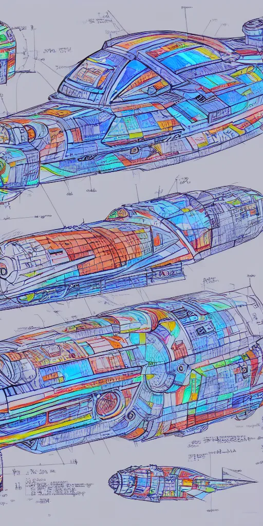 Prompt: blueprint of a spaceship, technical draw, concept art, extreme detail, 3 5 mm, colorful, nyan colors