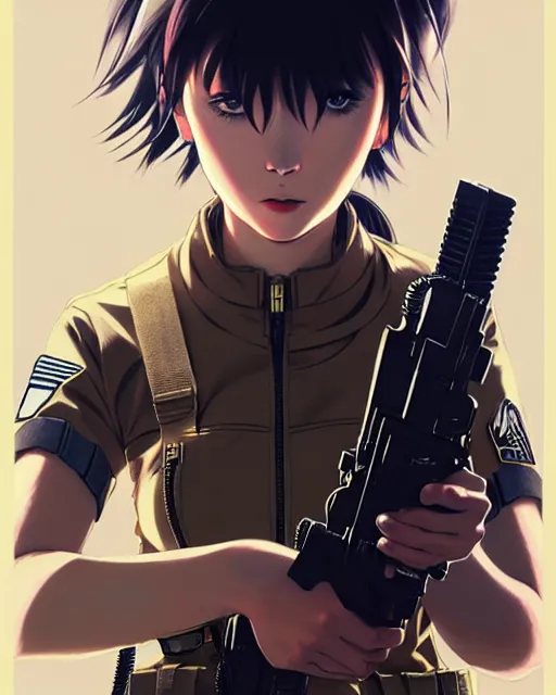 Image similar to girl wearing tactical gear, very anime, fine - face, audrey plaza, realistic shaded perfect face, fine details. anime. realistic shaded lighting poster by ilya kuvshinov katsuhiro otomo ghost - in - the - shell, magali villeneuve, artgerm, jeremy lipkin and michael garmash and rob rey