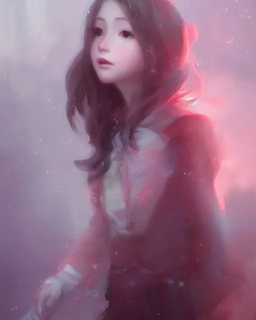 Prompt: beautiful aerith gainsborough, face centered portrait, cottagecore, confident, fog, rain, volumetric lighting, soft light particles floating near her, illustration, perfectly shaded, oft painting, art by krenz cushart and wenjun lin