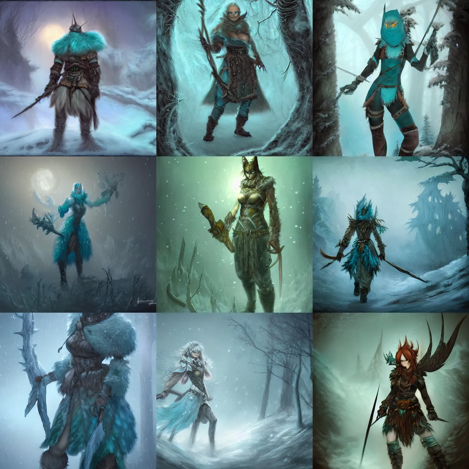 Prompt: fantasy hunter, icewind dale, bagshaw art style, falling snow, misty, fog, masterpiece, teal palette, curvy and bow, finely masked