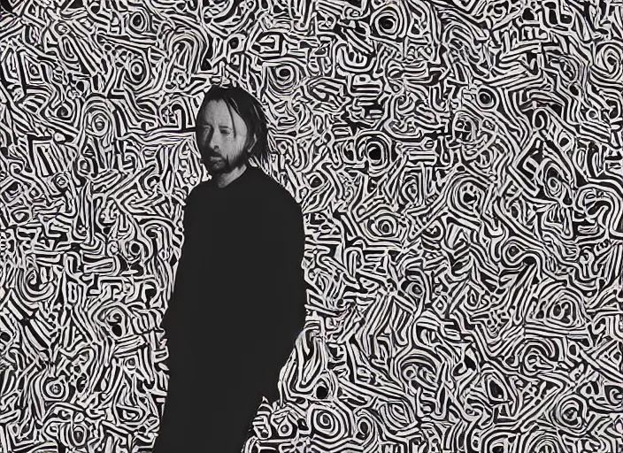 Image similar to photograph of print of thom yorke picture on a table, hyper realistic, variations of thom yorke, forest, high quality photograph, mixed styles, intricate details, diverse colors, deep emotional impact, very wide angle