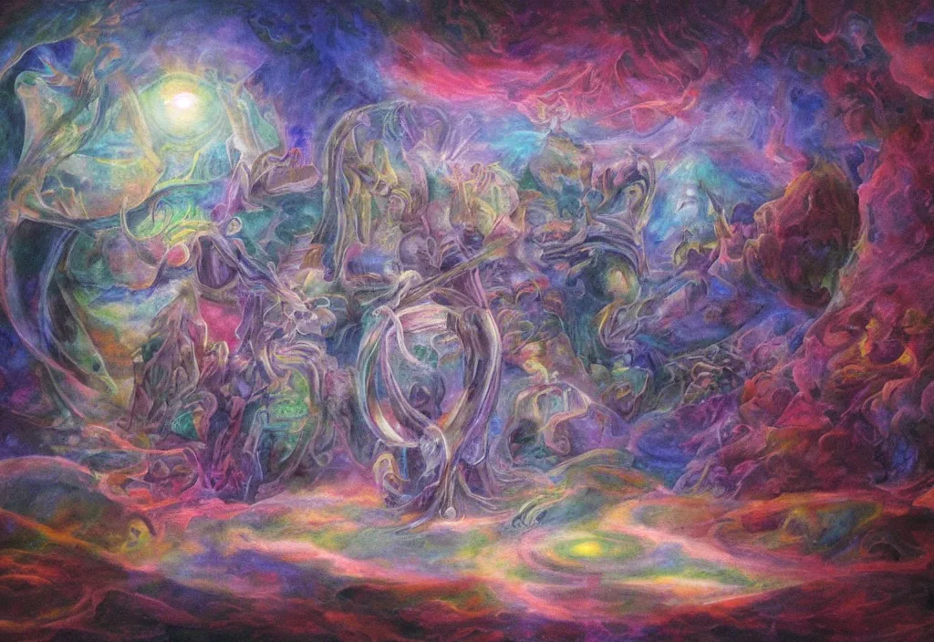 Image similar to iridescent temple of sleep non-Euclidean geometry dreamer mythos phantasms and lambent fog, award winning oil painting, polychromatic spectrum