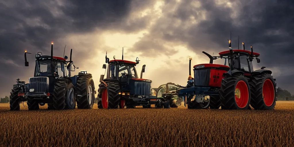 Prompt: a beautiful commercial photo of dutch protesting farmers in their tractors, dramatic lighting, octane render, 4 k, hdr