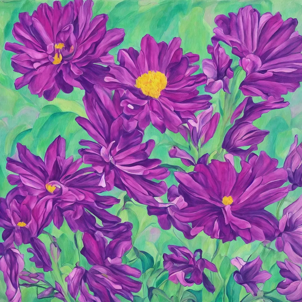 Prompt: a painting of a beautiful flower in the style of georgia o'keeffe, pink and purple colour scheme.