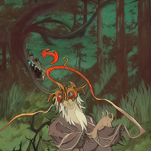 Prompt: concept art painting of an anthropomorphic dragon king with robes, a long dragon neck, and horned skull mask, in a deep forest, anime style, cel shaded, in the style of makoto shinkai and james gurney and studio ghibli and moebius