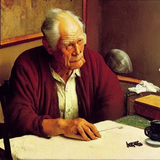 Prompt: weeping desperate grandpa trying to figure out how to order an online pizza sitting in his small room glaring at his lenovo thinkpad laptop t 4 1 0 8 gb ram norman rockwell leonardo da vinci giotto jamie wyeth greg rutkowski winslow homer thomas eakins lucian freud edward hopper j. m. w. turner oil painting
