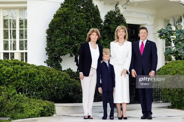 Image similar to press photo of a beautiful thirty - five year old powerful white female president in a suit, being held romantically by her two younger white boyfriends in the white house rose garden, professional photo, press photo, glamorous, 8 k photorealistic, very detailed