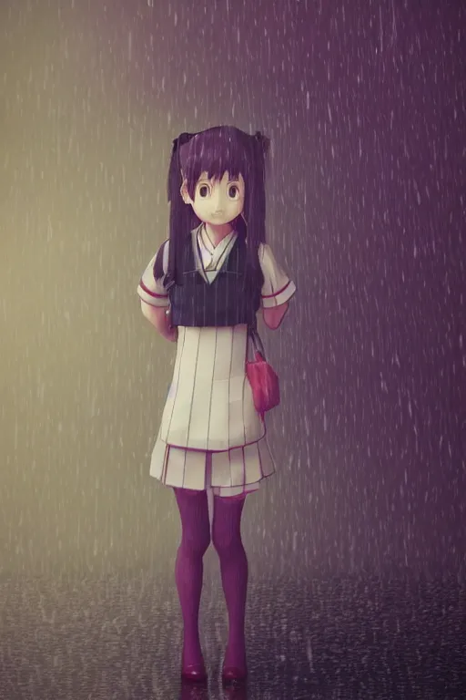 Image similar to art by hayao miyazaki, by hiro kiyohara 3d octane render portrait a stern schoolgirl in Japanese maid's clothes and long stockings sits on a wet Japanese street in the rain at night, trending on artstation, anime colors, polaroid, vintage, foggy, volumetric light, cinematic render, UE 4, RTX, oil painting